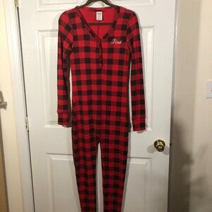 Pink by Victoria's Secret red black plaid print long sleeve  jumpsuit pajama, M
